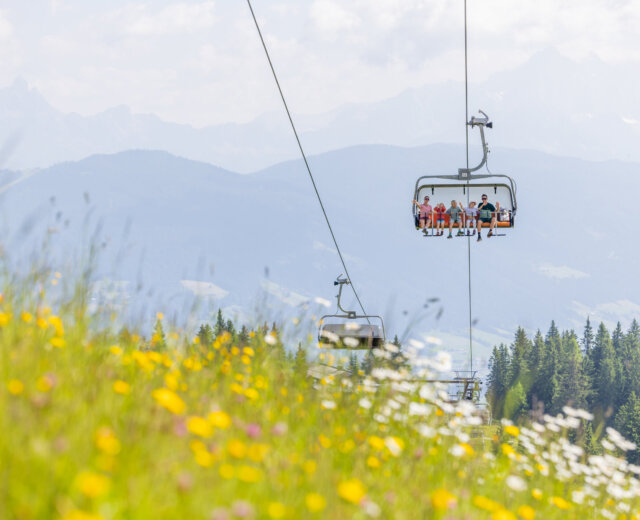25-flachau-sommer-wandern-berge Mensen rijden met een skilift over een weiland met gele bloemen, bergen en bomen op de achtergrond.