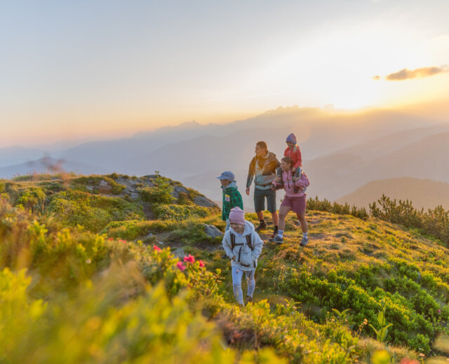 Gezin dat samen wandelt op een grassig bergpad bij zonsopgang, omringd door schilderachtige uitzichten en bloemen.