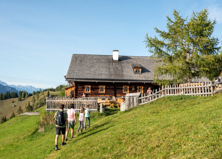 Grossarltal Wandern_96_ Lorenz Masser Vier mensen wandelen een met gras begroeide heuvel op naar een rustieke houten hut omringd door een hek en bergen.