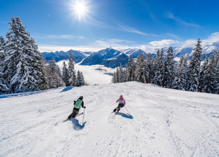 Skifahren (1) Twee skiërs dalen af van een besneeuwde berghelling met dennenbomen en bergen in de verte onder een stralende zon.