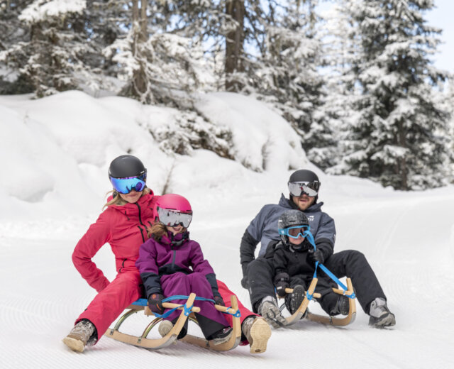 Een familie die rodelplezier heeft, van voren gefotografeerd met lachende gezichten in een mooi winterlandschap.