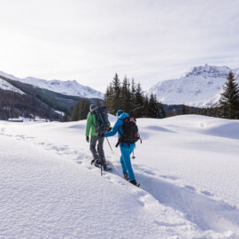 Twee personen tijdens het sneeuwschoenwandelen in het Nationaal Park Hohe Tauern.