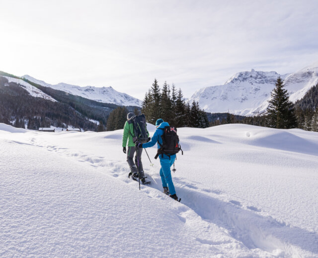 NPHT_Schneeschuhe_Ranger_Bodenhaus_Rauris(c)Ferienregion_Nationalpark_Hohe_Tauern_Branislav_Rohal Twee personen tijdens het sneeuwschoenwandelen in het Nationaal Park Hohe Tauern.