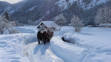 St. Martin winter paardenkoetsrit temidden van een diep besneeuwd winterlandschap bij prachtig weer.