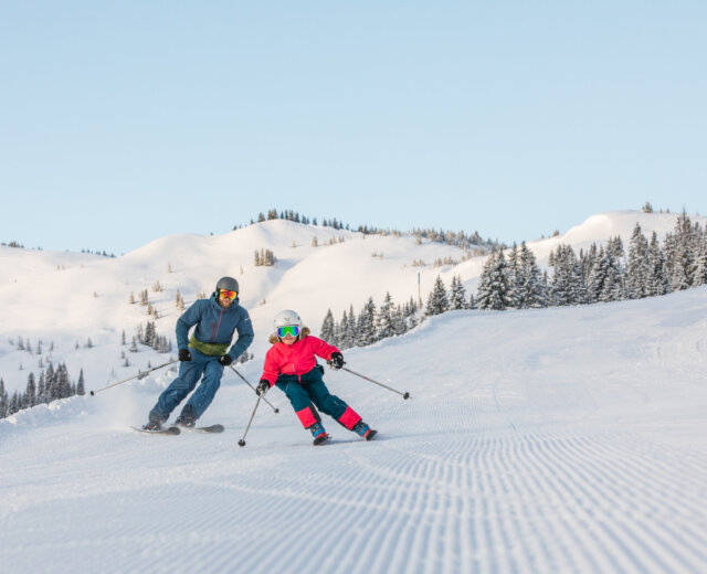 Skiën met een kind Twee mensen skiën van een geprepareerde besneeuwde helling met dennenbomen en bergen op de achtergrond.