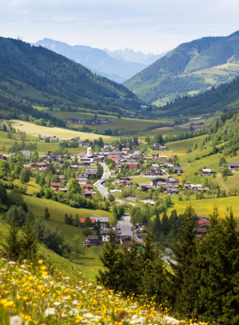 Een klein dorpje ligt in een groene bergvallei, omringd door bomen, wilde bloemen en glooiende heuvels.