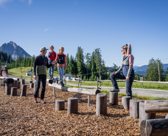 Twee volwassenen en twee kinderen spelen op houten evenwichtsbalken in een zonnig, schilderachtig buitenpark in de bergen.