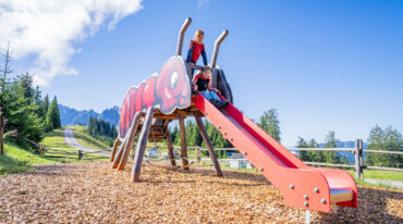 Twee kinderen spelen op een grote rode miervormige glijbaan in een zonnige buitenspeeltuin met houtsnippers en bomen.