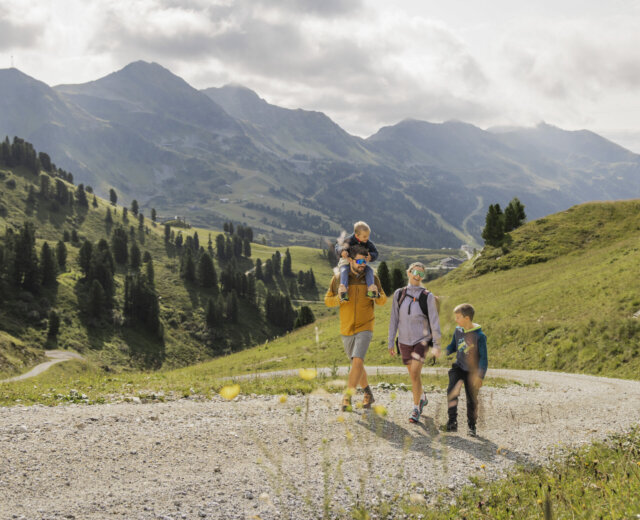 Een gezin van vier wandelt op een bergpad omgeven door groene heuvels en verre bergtoppen onder een bewolkte hemel.
