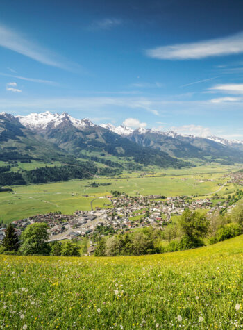 Groene vallei met een kleine stad, velden en bergen met besneeuwde toppen in de verte onder een blauwe lucht met wolken.