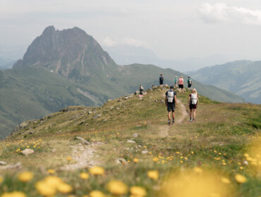 Wędrowcy spacerują po górskim szlaku w Wildkogel-Arena, z polnymi kwiatami i skalistym szczytem w tle.