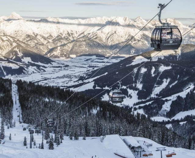 Kolejki linowe jeżdżą nad zaśnieżonym górskim krajobrazem z sosnami i odległymi szczytami pod zachmurzonym niebem.