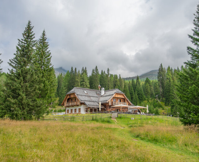 Drewniany domek otoczony drzewami i trawą z górami i zachmurzonym niebem w tle.