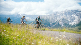 Trzech rowerzystów jedzie na rowerach górskich Hochkönig szlakiem przez trawiaste wzgórza z górami w tle.