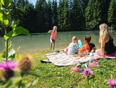 Rodzina cieszy się piknikiem na kocu nad jeziorem, podziwiając Salzburski Świat Sportu i dzikie kwiaty.