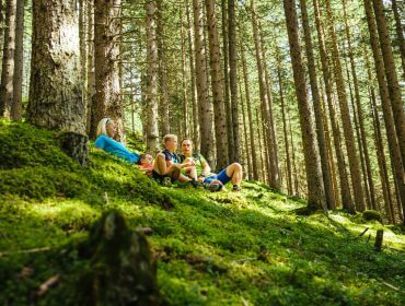 Rodzice z dwójką dzieci odpoczywają na zielonej polanie wśród drzew, w lesie w Rauris na Ziemi Salzburskiej.