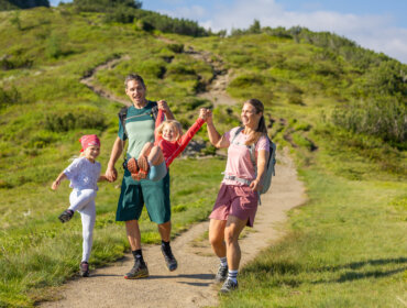 Czteroosobowa rodzina wędruje trawiastym szlakiem górskim Lato Flachau, uśmiechając się i kołysząc między sobą dziecko.