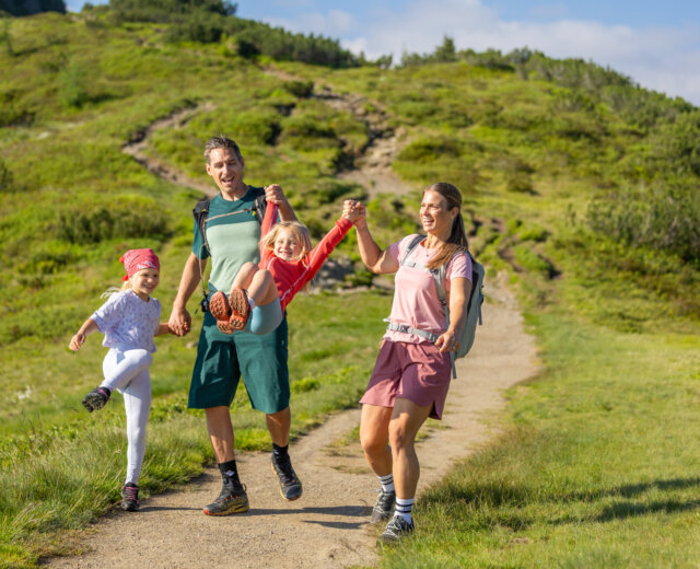 Czteroosobowa rodzina wędruje trawiastym szlakiem górskim Lato Flachau, uśmiechając się i kołysząc między sobą dziecko.