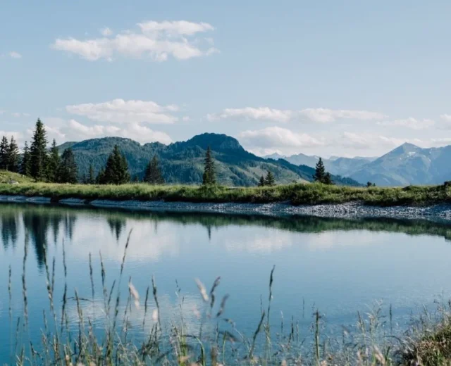 Spokojne jezioro w St. Johann lato, otoczone trawą, drzewami i górami pod błękitnym niebem.