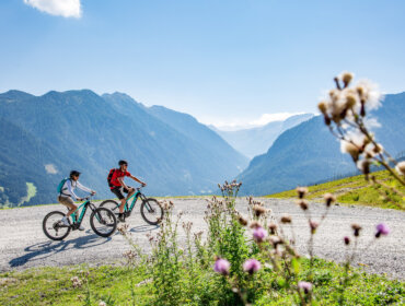 Dwie osoby jadą na rowerach górskich Flachau po malowniczym szlaku, z widokiem na polne kwiaty i góry.