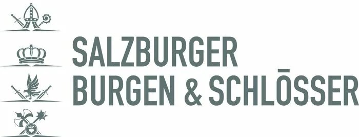 Logo z ikonami mitry, korony, mieczy, kwiatu i tekstem Salzburskie twierdze i zamki.