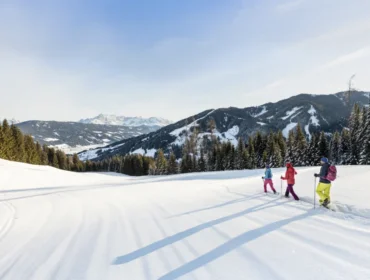 flachau-schneeschuhwandern-1170×658.jpg Trzy osoby idą przez zaśnieżony krajobraz we Flachau poza stokami, z górami i sosnami za nimi.