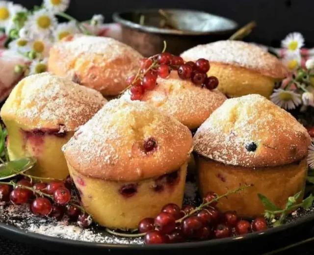 obstkuchenlungauer-kochwerk-jpg-1170×658 Sześć babeczek jagodowych posypanych cukrem pudrem na talerzu, udekorowanych czerwonymi porzeczkami i kwiatami.